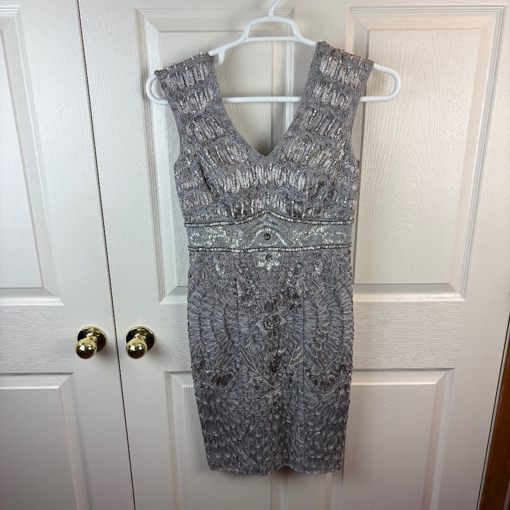 Sue Wong Nocturne Beaded Sleeveless Silver Dress
